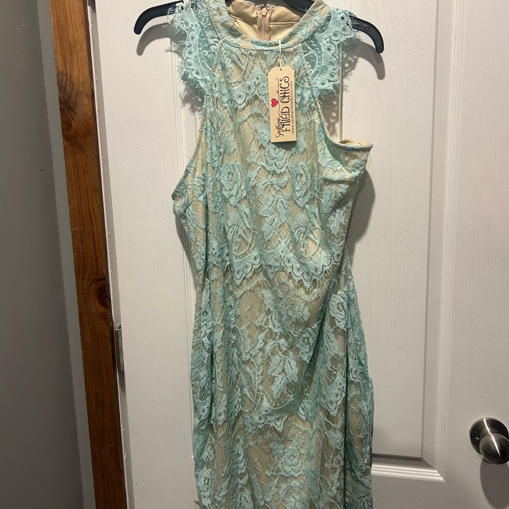 Southern Fried Chics Aqua Lace Sleeveless Dress 3x Runs like 16/18